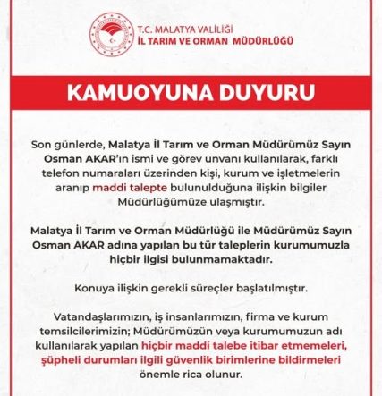 Malatya İl Tarım ve Orman Müdürlüğü'nden Dolandırıcılık Uyarısı