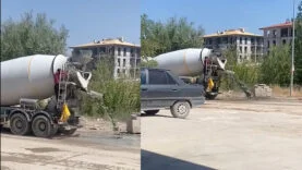 Beton mikserinin atıklarını caddeye boşaltmasına tepki