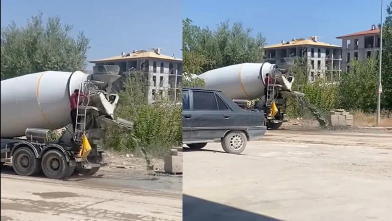 Beton mikserinin atıklarını caddeye boşaltmasına tepki